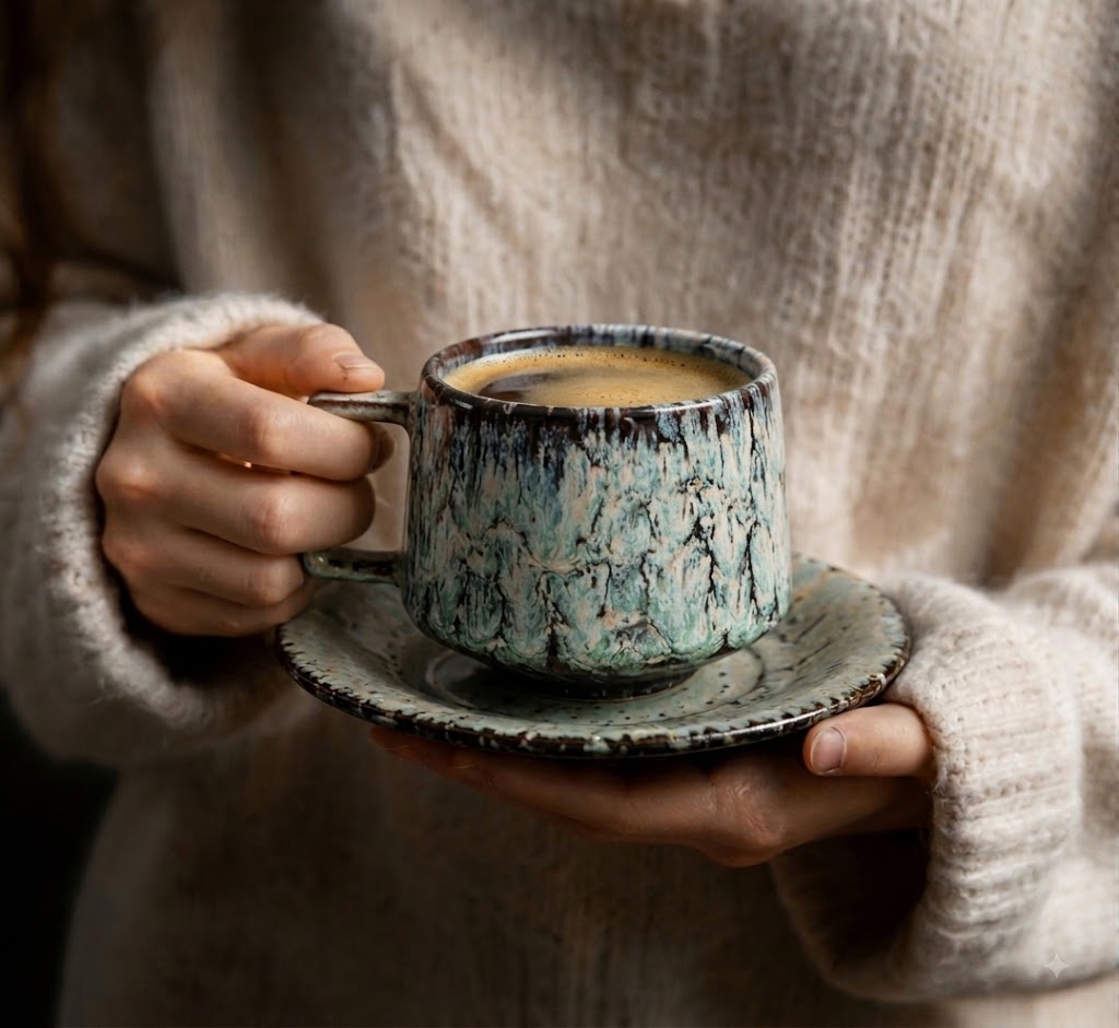 Handcrafted Ceramic Cup & Saucer - Artisan Reactive Glaze Collection