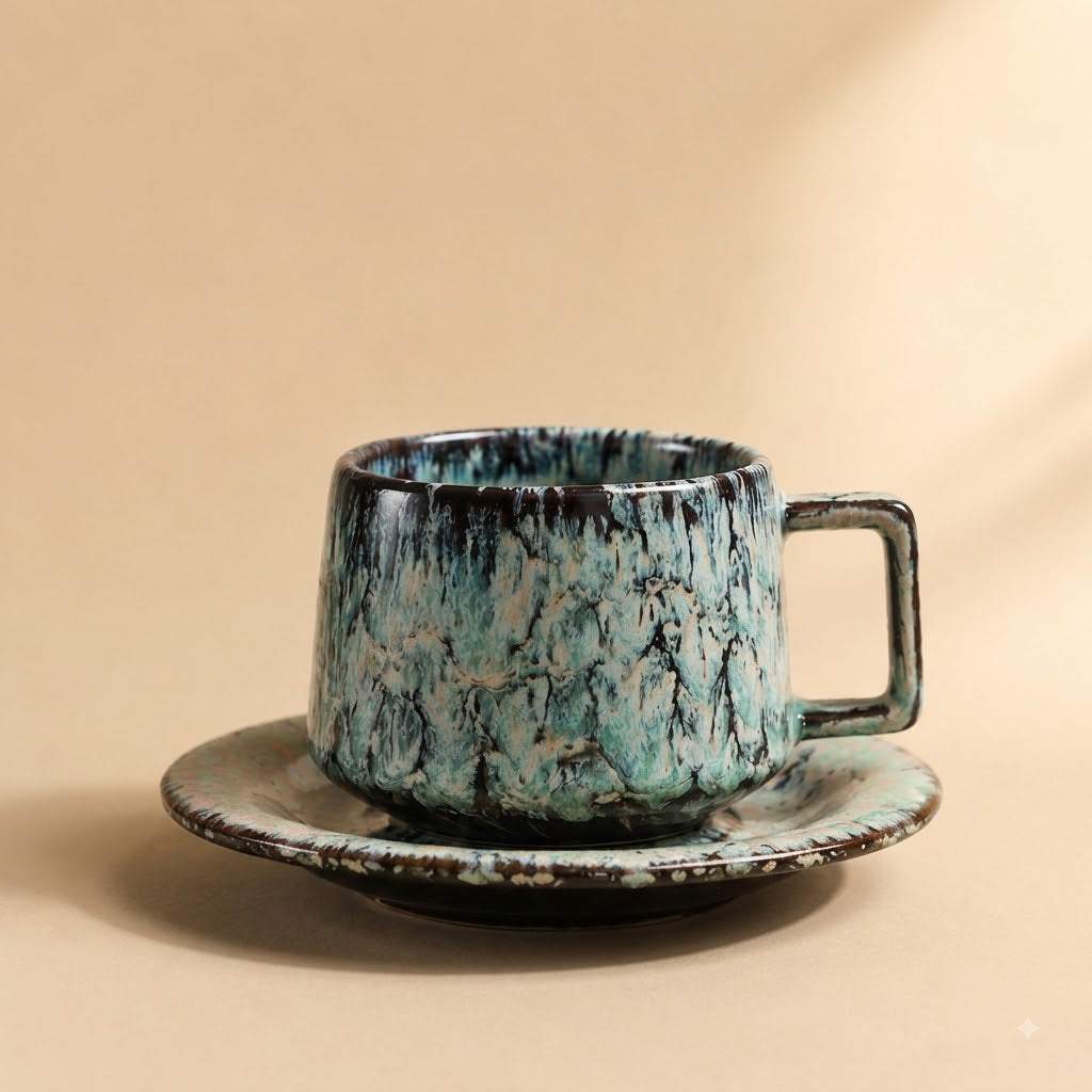 Handcrafted Ceramic Cup & Saucer - Artisan Reactive Glaze Collection