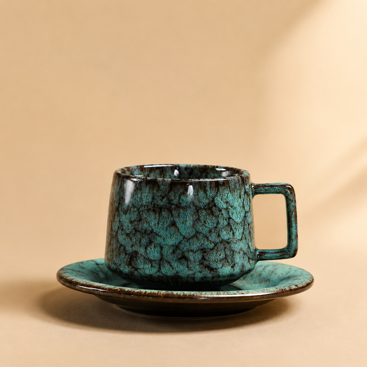Handcrafted Ceramic Cup & Saucer - Artisan Reactive Glaze Collection