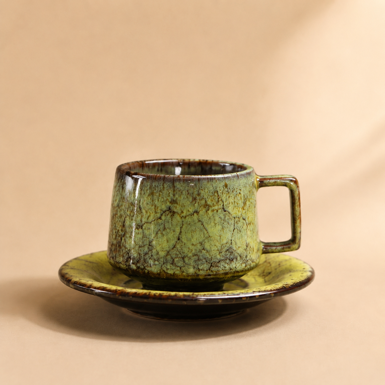 Handcrafted Ceramic Cup & Saucer - Artisan Reactive Glaze Collection