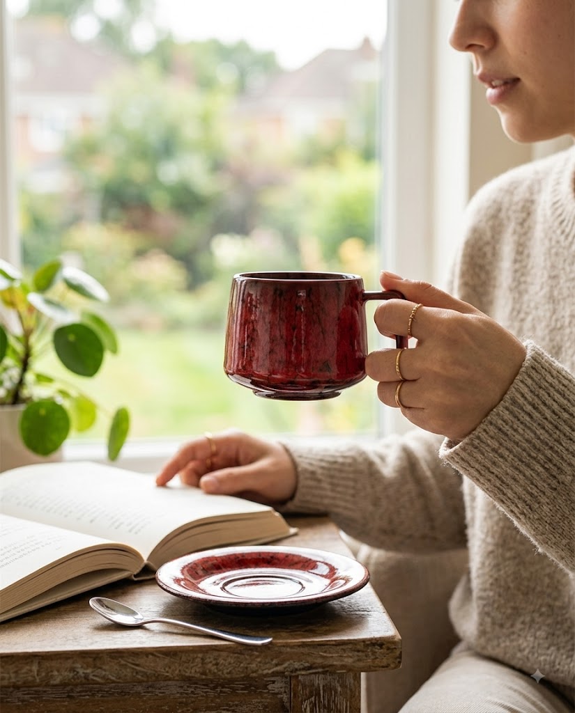 Handcrafted Ceramic Cup & Saucer - Artisan Reactive Glaze Collection