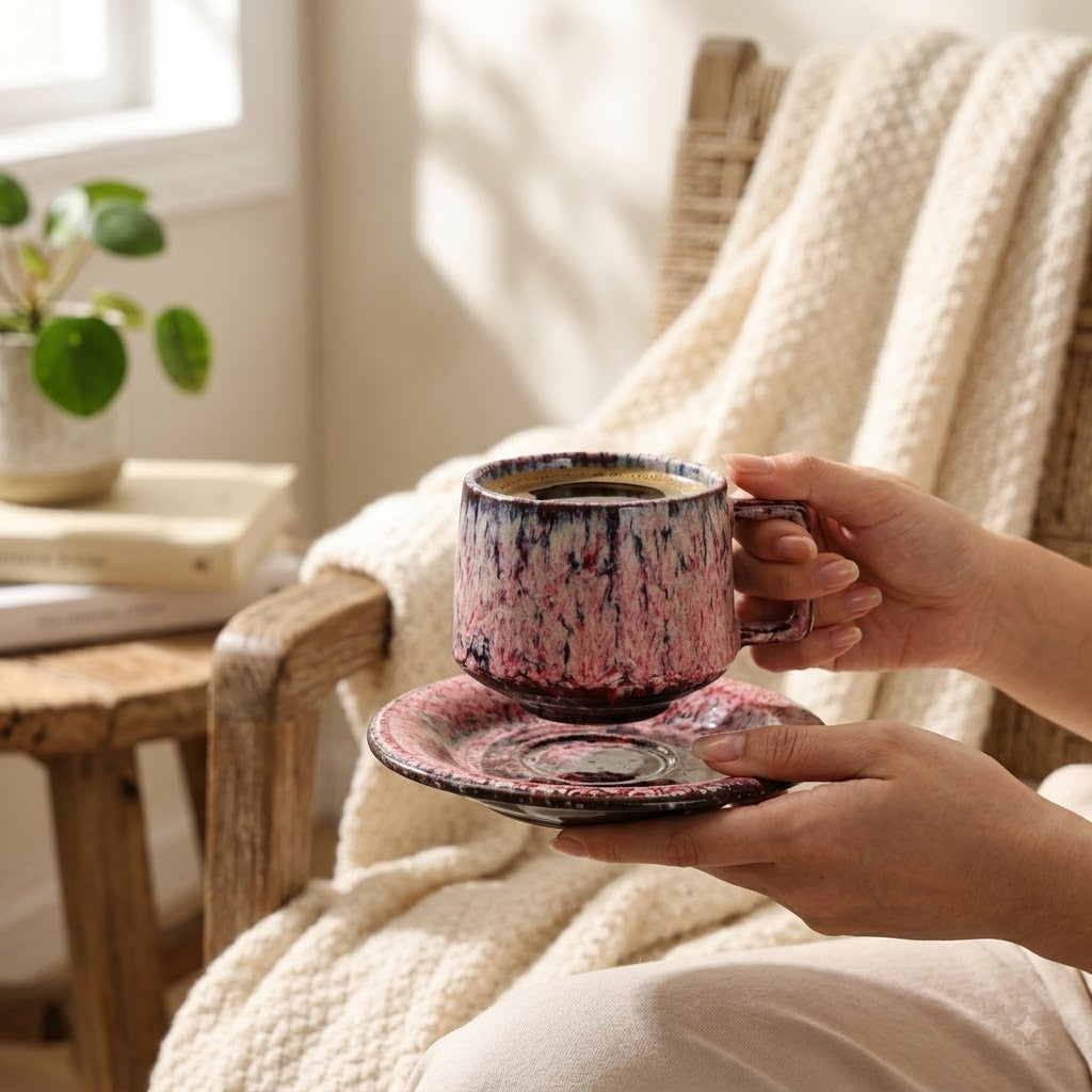Handcrafted Ceramic Cup & Saucer - Artisan Reactive Glaze Collection