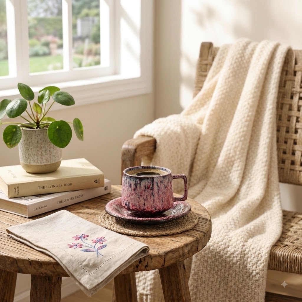 Handcrafted Ceramic Cup & Saucer - Artisan Reactive Glaze Collection
