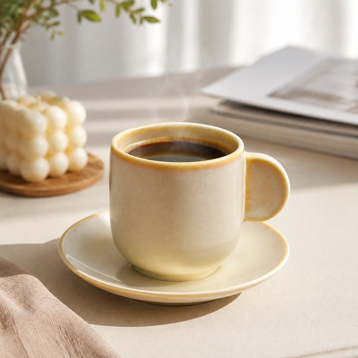 Warm Cream Ceramic Espresso Cup and Saucer Set | Warm Minimal Coffee Cup